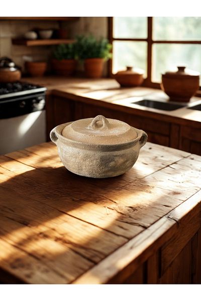 RGS HOMELİFE Natural Handmade Large Size 27 cm Baked Pottery Stew Pot with Lid