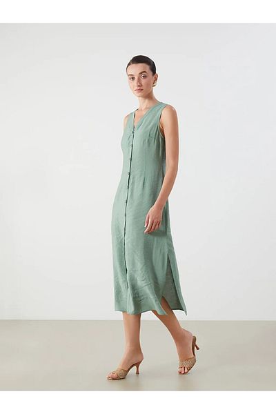 LC Waikiki Lcwaikiki Classic Khaki V-Neck A-Line Modal Blend Dress