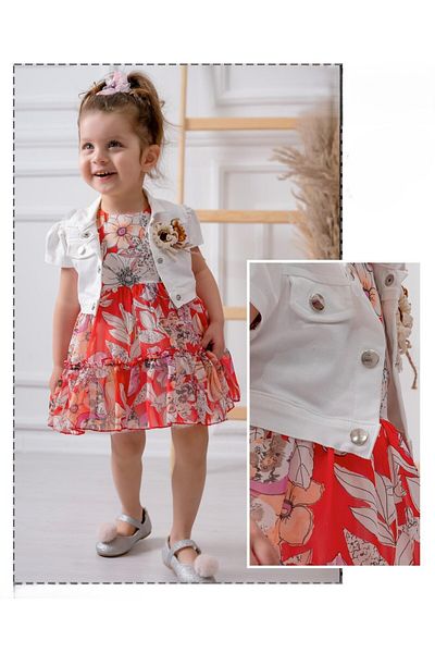 Bulut Baby 2 Piece Jacketed Dress in Denim Cotton Chiffon Fabric for Girls
