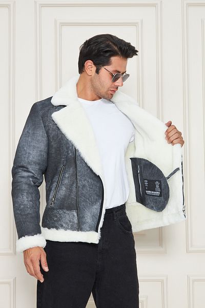 By Marki Marki Men's Genuine Fur Coat, Double Breasted – Gray Tumbled Leather, Double Breasted Zipper, White Fur, Vintage- 500722