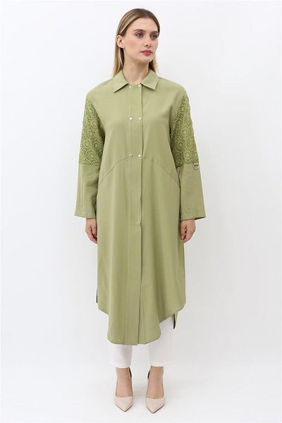 Zühre Shirt Collar Lace Detailed Long Tunic - Çağla