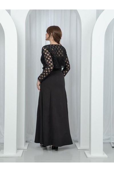 Nice Model Black Evening Dress Long Sleeve Lace Jacket Two Piece Formal Modest Maxi Gown Plus Size Women