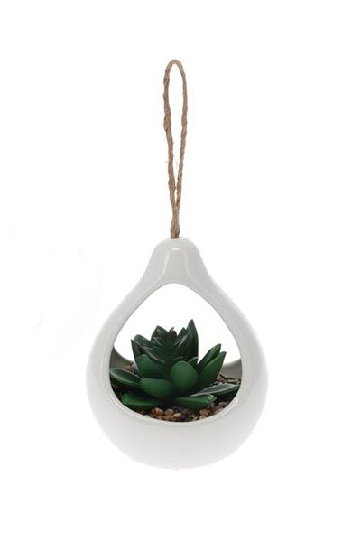 Koopman Planta artificiala Suculenta, Azay Design, in suport ceramic alb, cu agatatoare din sfoara, H 14cm