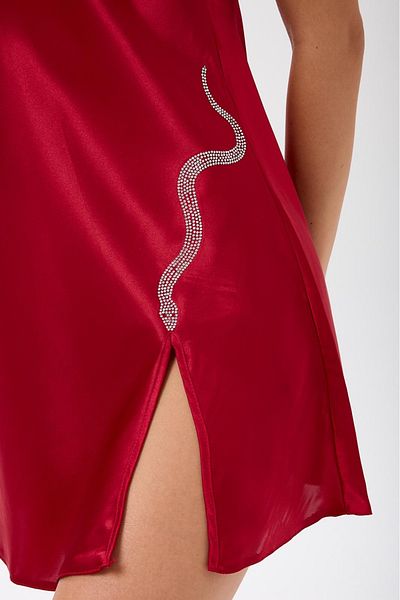 ROZENİN LINGERIE Snake Detailed Stone Printed Back Low-Cut Satin Nightdress