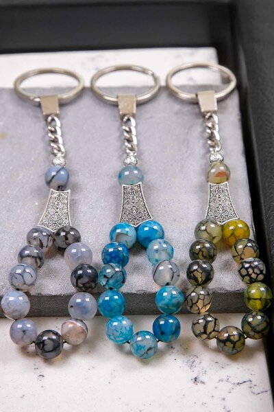 TESBİHKENTİ Set de 3 brelocuri din piatră de agat cu granule