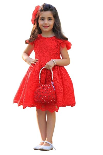 Riccotarz Girl's Over-The-Head Lace Guipure Embroidered Transparent Tulle Zero Sleeve Red Dress