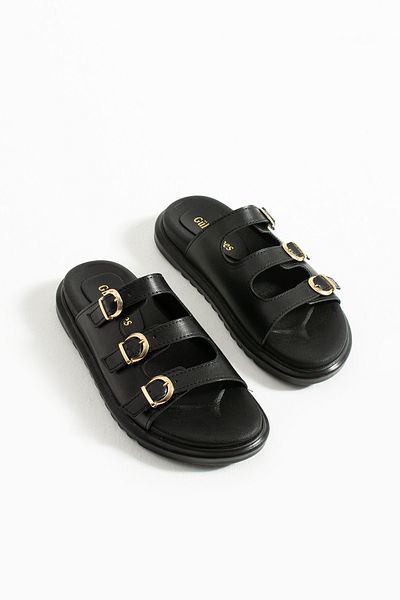 Güllü Shoes Black Vegan Leather Women's Slippers with Three Gold Buckles |   Stylish and Comfortable Summer Model with Orthopedic Soles