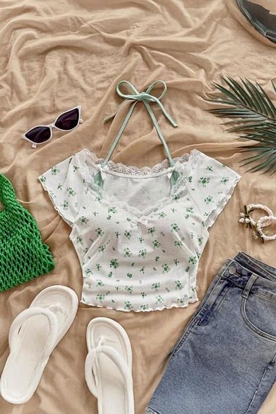 Karakedi Green Strap Tie Detail Floral Short Sleeve Bodysuit