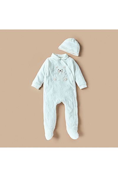 Juniors Bear Applique Velour Footed Sleepsuit and Beanie Cap