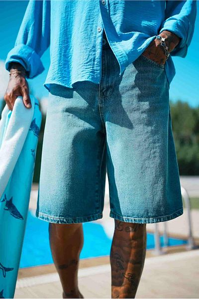 ablukaonline Ανδρικό Super Baggy Fit Bermuda Jean Shorts Μπλε