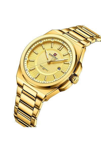 Naviforce Men Gold Stainless Steel Watch with Gold Dial Elegant Analog Wristwatch with Date Display Water