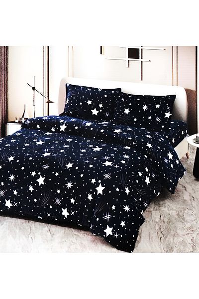 FIONNA.RO Cocolino Blanket Set with Fur and Pillowcases - Navy Blue Stars
