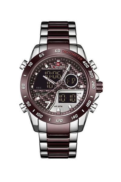 Naviforce Men's Stainless Steel Analog & Digital Wrist Watch - 45 mm - Silver And Coffee