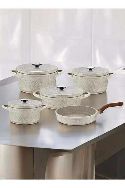 OMS 9Pcs Oven Safe Granite Cookware Set Contains : 20 ,24 .28 Cm Casseroles , 26 Cm Shallow Casserol