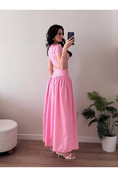 LOCH BUTİK Women's Pink Buttoned Gathered Skirt Double Suit