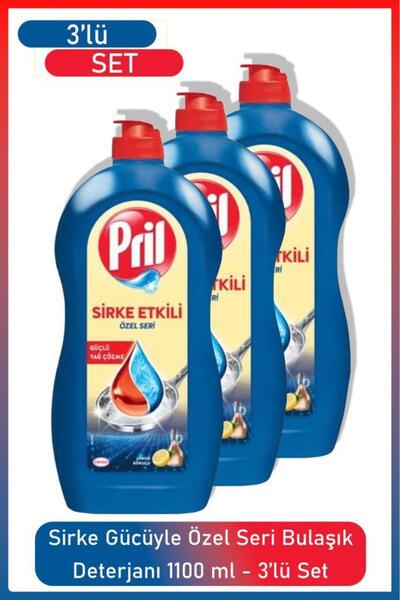 Pril Sirke Gücüyle 1100 ml Bulaşık Deterjanı 3’lü Özel Seri Parlak ve Hijyenik Sonuç
