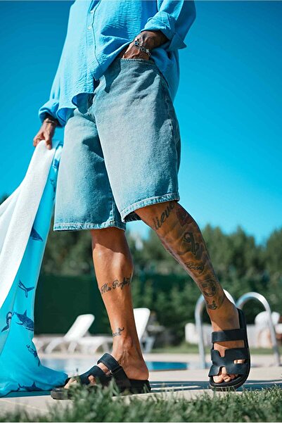 ablukaonline Men's Super Baggy Fit Bermuda Jean Shorts Blue