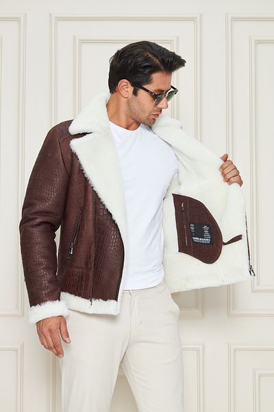 By Marki Marki Men's Pilot Genuine Fur Coat – Brown Crocodile Printed Leather, Cruiser Fur Coat- 500722X