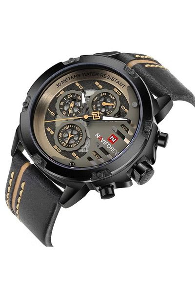 Naviforce Mens Multifunctional Analog Wristwatch with Quartz Battery Chronograph Leather Strap Water Resistant