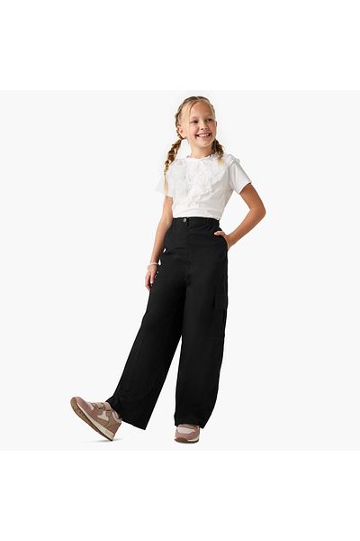 Juniors Solid Cargo Pants with Button Closure and Pockets