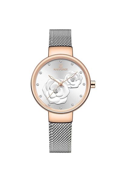 Naviforce Women's Elegant Quartz Watch – Floral Dial, Crystal Hour Markers, Stainless Steel Mesh Strap