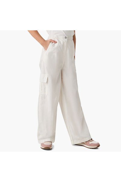 Juniors Solid Cargo Pants with Button Closure and Pockets