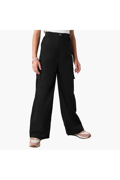 Juniors Solid Cargo Pants with Button Closure and Pockets