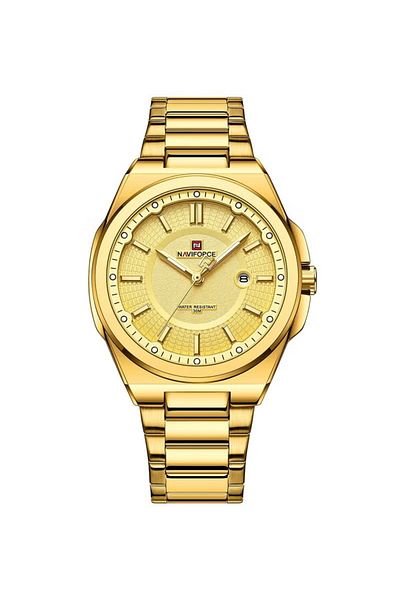 Naviforce Men Gold Stainless Steel Watch with Gold Dial Elegant Analog Wristwatch with Date Display Water