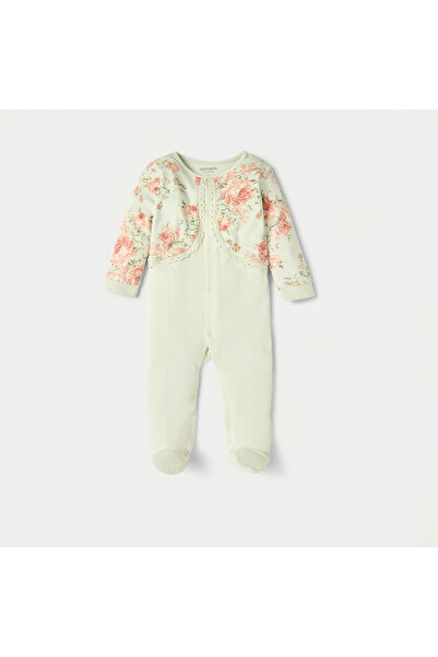 Juniors Floral Print Closed Feet Sleepsuit with Long Sleeves and Shrug