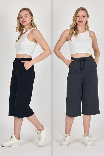 mmetalic High Waist Pocket Relaxed Cut Seasonal Women's Knee Length 2-Piece Bermuda Black-Anthracite Capri Shorts
