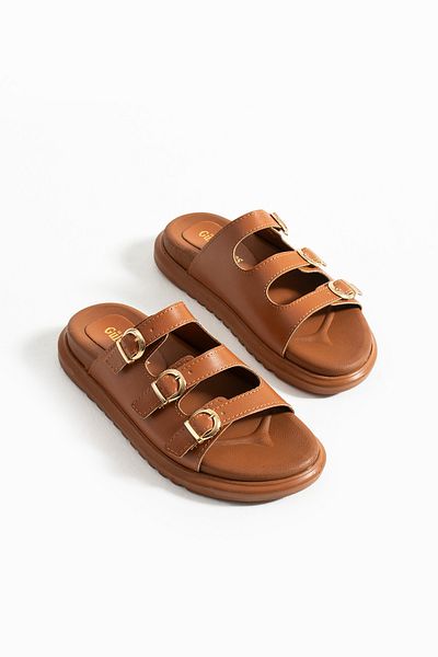 Güllü Shoes Tan Vegan Leather Women's Slippers with Three Gold Buckles |   Orthopedic Comfortable Stylish Summer Model with Gold Detail