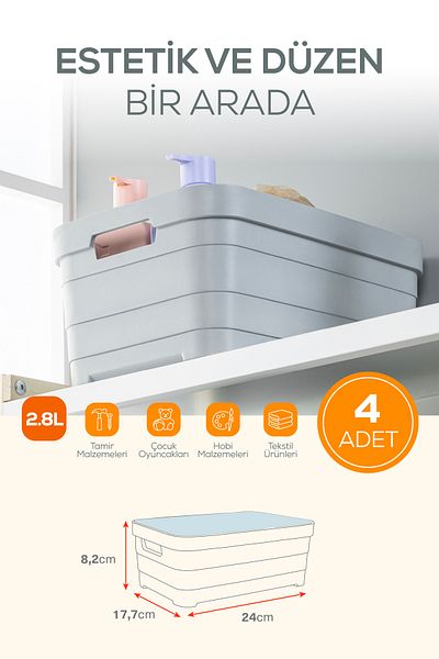 Vienev Кутия за съхранение, 4 части, 2,8 литра, с капак, антрацит