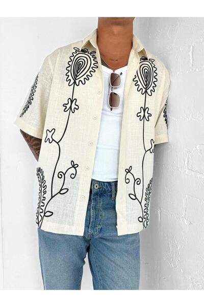 ablukaonline Ανδρικό πουκάμισο με κοντό μανίκι με μικτό λινό σχέδιο μπεζ