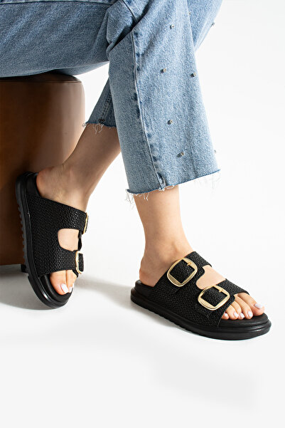 Güllü Shoes Black Straw Textured Gold Buckle Orthopedic Women's Slippers |   Stylish, Lightweight and Comfortable Summer Casual Model