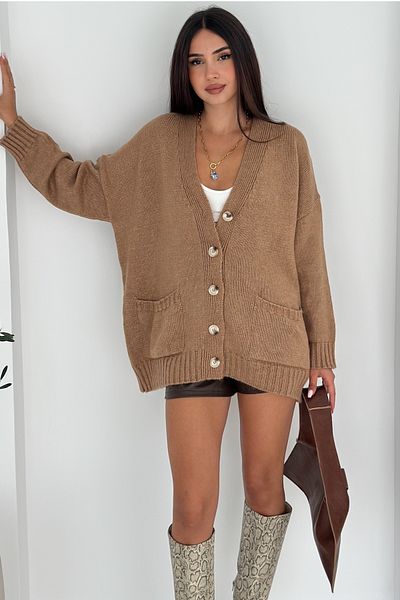 FEMELLE Cardigan de tricotaj supradimensionat pentru femei Camel Wide Fit Mărime standard Buzunar dublu Detaliu cu nasturi