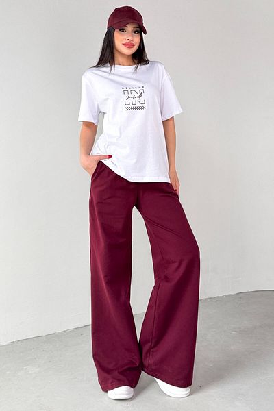 Cappmoda Tkm-0066 Burgundy Believe in Yourself Written Injection Printed T-Shirt Loose Trousers Two-Piece Suit