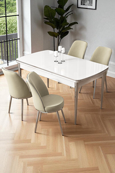 Canisa Nira Serisi 70x114 Mdf Açılabilir Beyaz Mutfak Masa Takımı 4 Krem Sandalye Krom Detay
