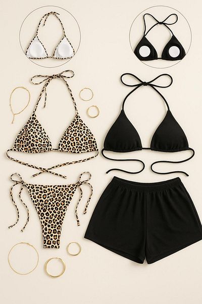 Stail Moda Women's Black+Leopard Side and Neck Tie Shorts Triangle Bikini Nightdress Sea Team