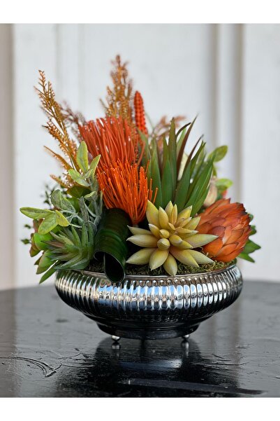 TASARIMHMODA Yapay Sukulentli Küçük Boy Çizgili Yassı Vazo No:3