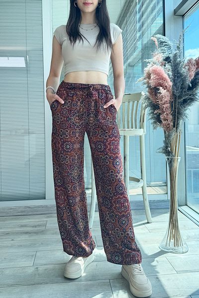 DPARİS Patterned Elastic Waist Comfortable Fit Wide Leg Trousers