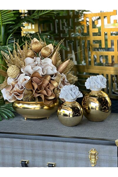 TASARIMHMODA Yapay Çiçekli Gold Yassı Vazo 3 Parça Set No:7