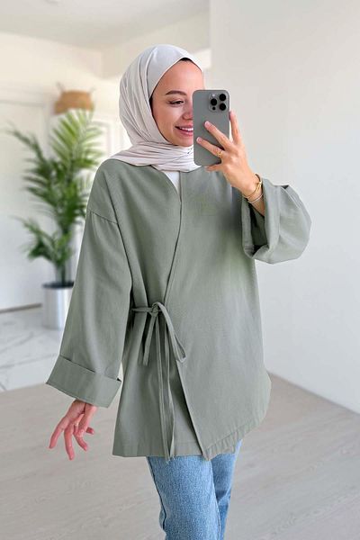 Ka Hijab Λινό κιμονό με πλαϊνή δέση - Πράσινο μέντας