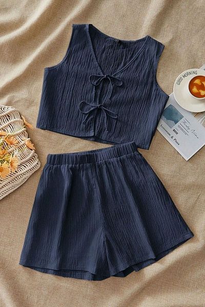 Trendseninle Women's Navy Ribbed Shorts Tie-Up Suit
