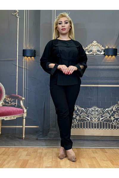 Yeşilmoda Suit,Blouse and Pants,High Waist,Tight Pants,Cotton Thread,Patterned,Satin Details,Black,Women