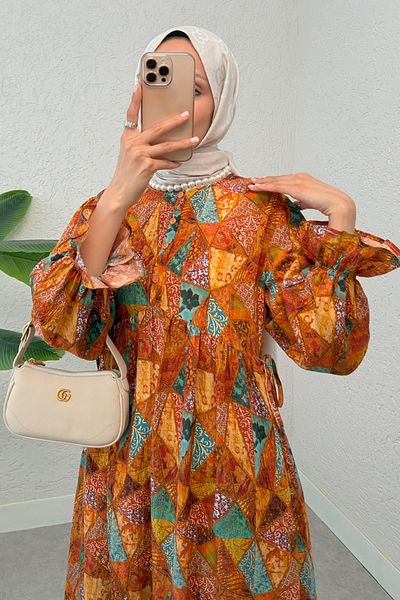 DPARİS Long Dress with Side Lace Detail and Elastic Sleeves