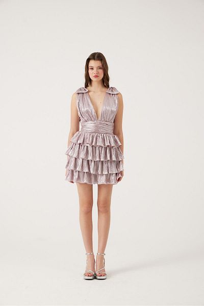 HOLLY LOLLY Shiny Fabric Ruffled Mini Paola Dress Pink
