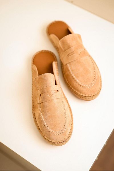 lovitto Men's Genuine Leather Rubber Sole Beige Espadrille Slippers