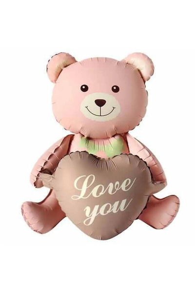 Fenix Dukkan Pink Teddy Bear Foil Balloon with Love You Written