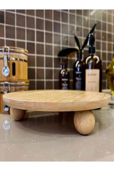 ERKUGO Oval Presentation Stand with Bamboo Ball Leg, Round Presentation Plate (24cm)
