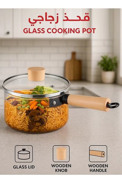 DLC 1.8 L Heat‑Resistant Glass Cooking Pot with Vented Lid & Wooden Handle